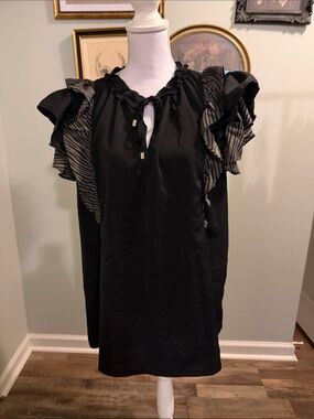 entro Black TOP with Striped Ruffle Sleeves and Tie Neck
